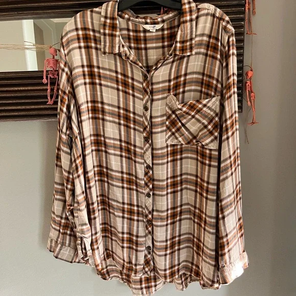 Terra & Sky Brown Plaid Women's Plus Size Button Woven Top 2X - Picture 8 of 10